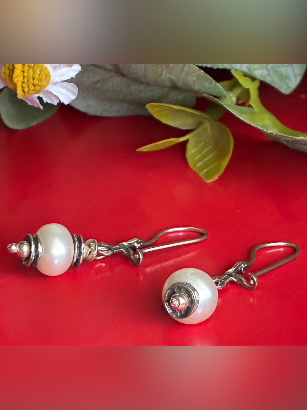 925 Silver Earrings,Classic White Pearl Drop Earrings - Silver Accent - Picture 4 of 5